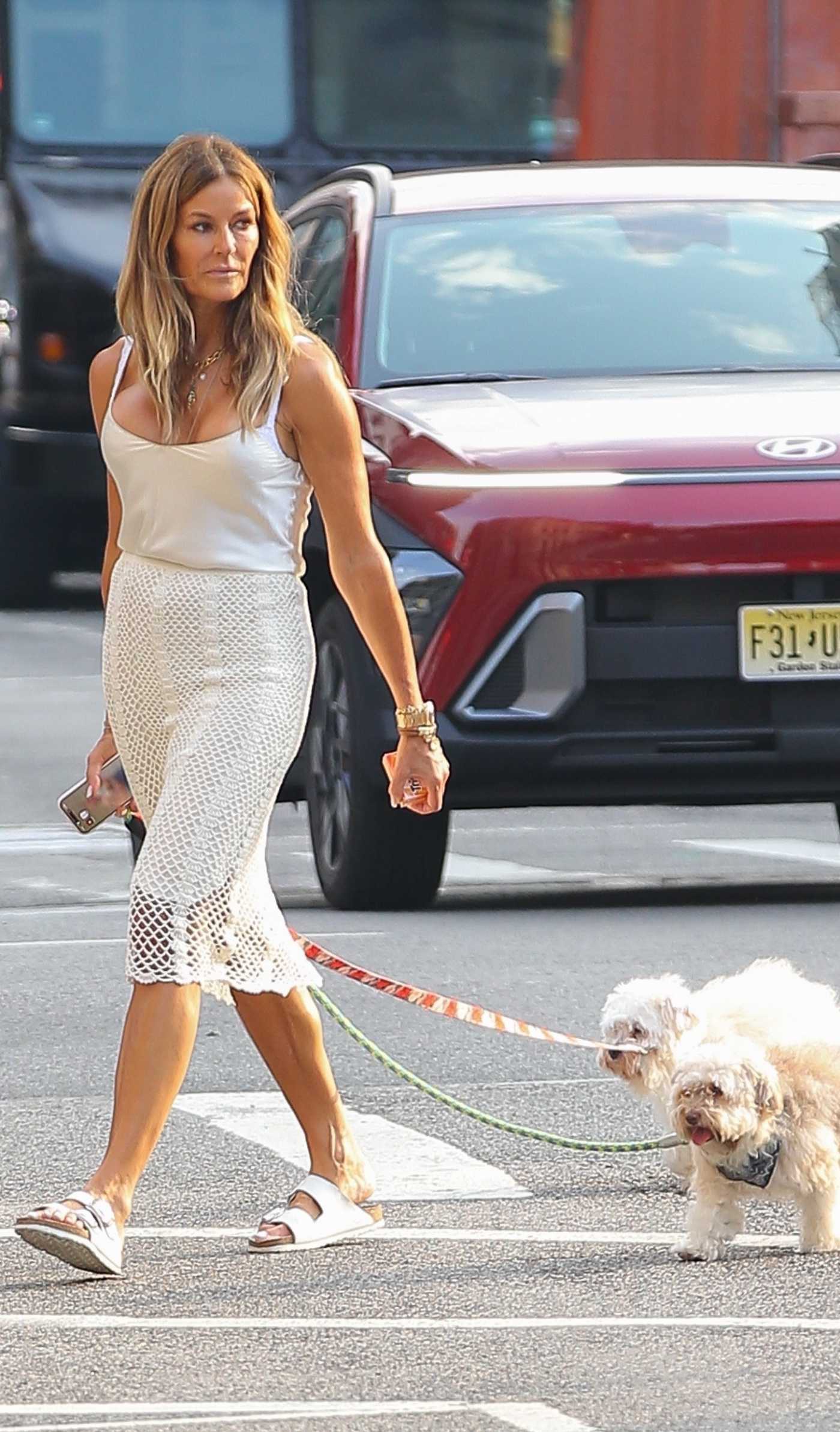 Kelly Bensimon in a White Lace Skirt Strolls with Her Pets in New York 07/29/2024