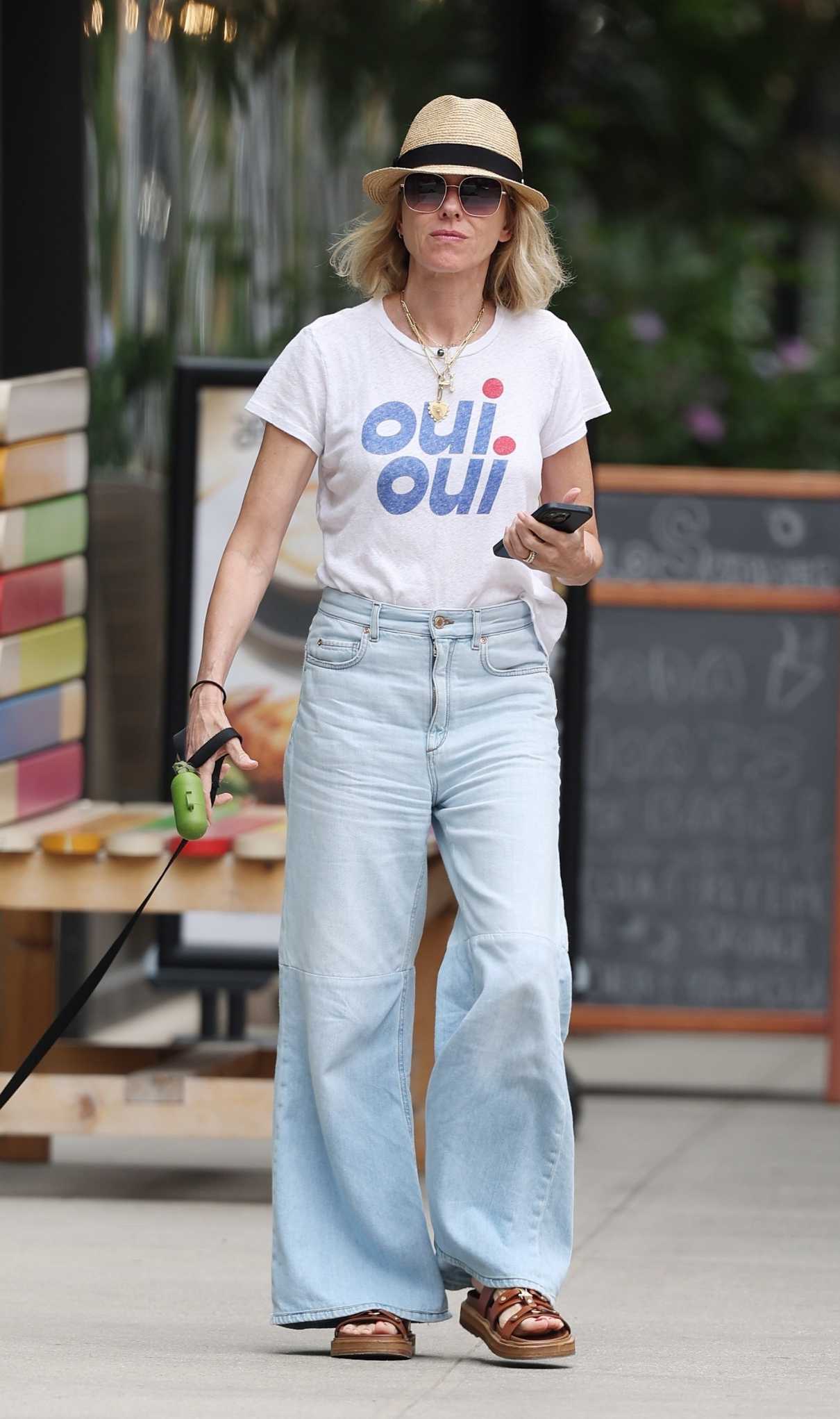 Naomi Watts in a White Tee Walks Her Dog in Tribeca Neighborhood in New York 07/22/2024