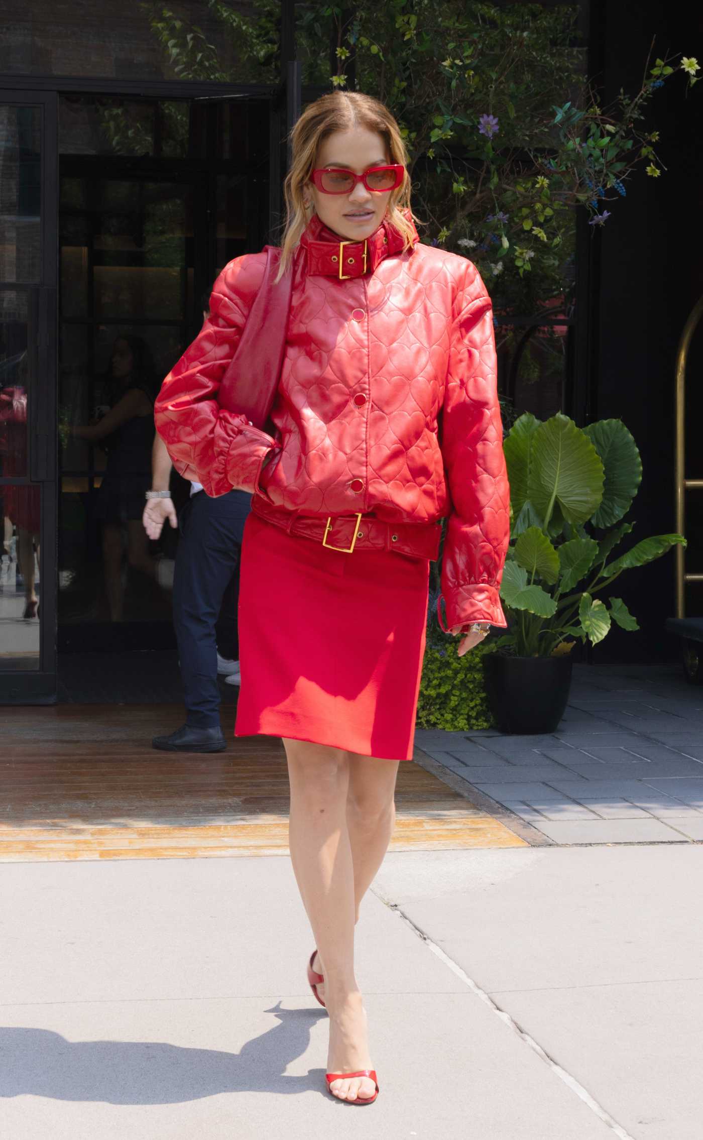 Rita Ora in a Red Jacket Leaves Her Hotel in New York 07/08/2024