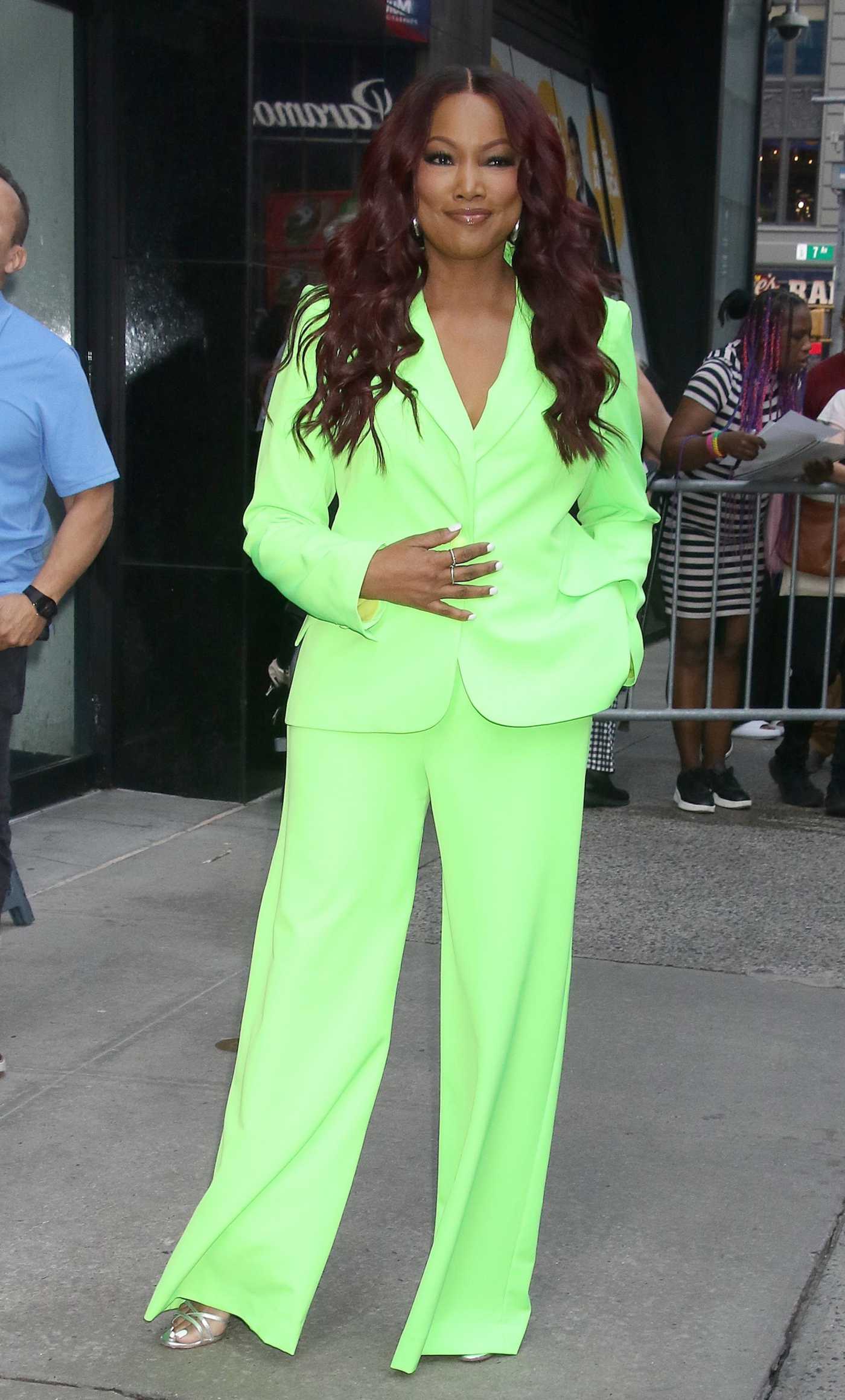 Garcelle Beauvais in a Neon Green Pantsuit Arrives at Good Morning America in New York 08/14/2024