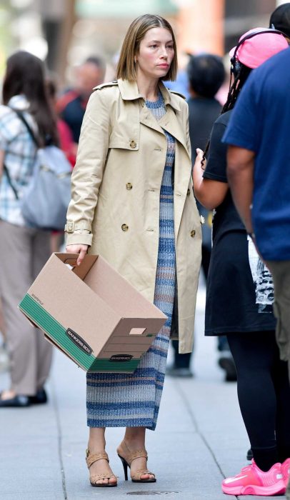 Jessica Biel in a Beige Trench Coat