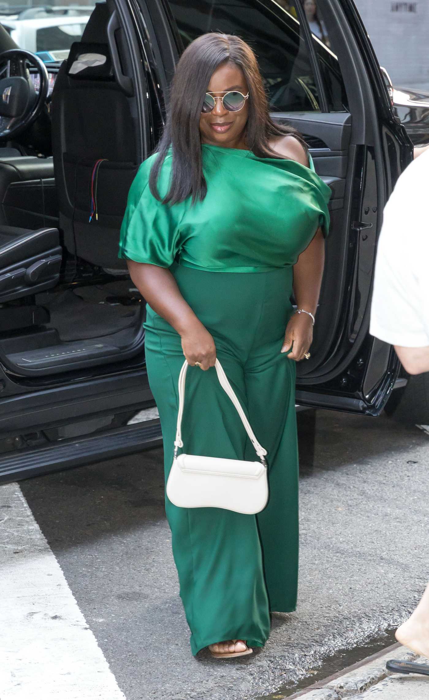 Uzo Aduba in a Green Ensemble Arrives at a Television Show in the Times Square Area of New York 08/26/2024