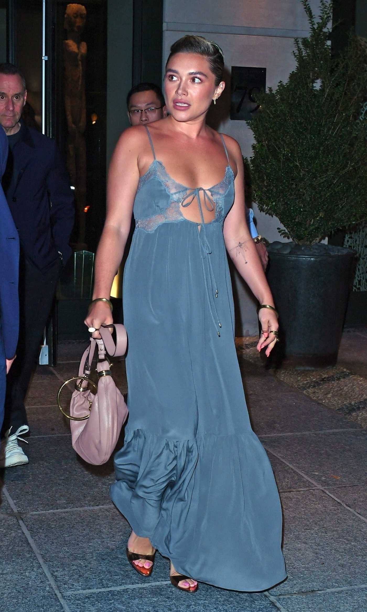 Florence Pugh in a Blue Dress Was Seen Out in New York 09/09/2024