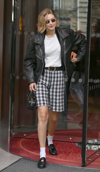 Gigi Hadid in a Plaid Shorts