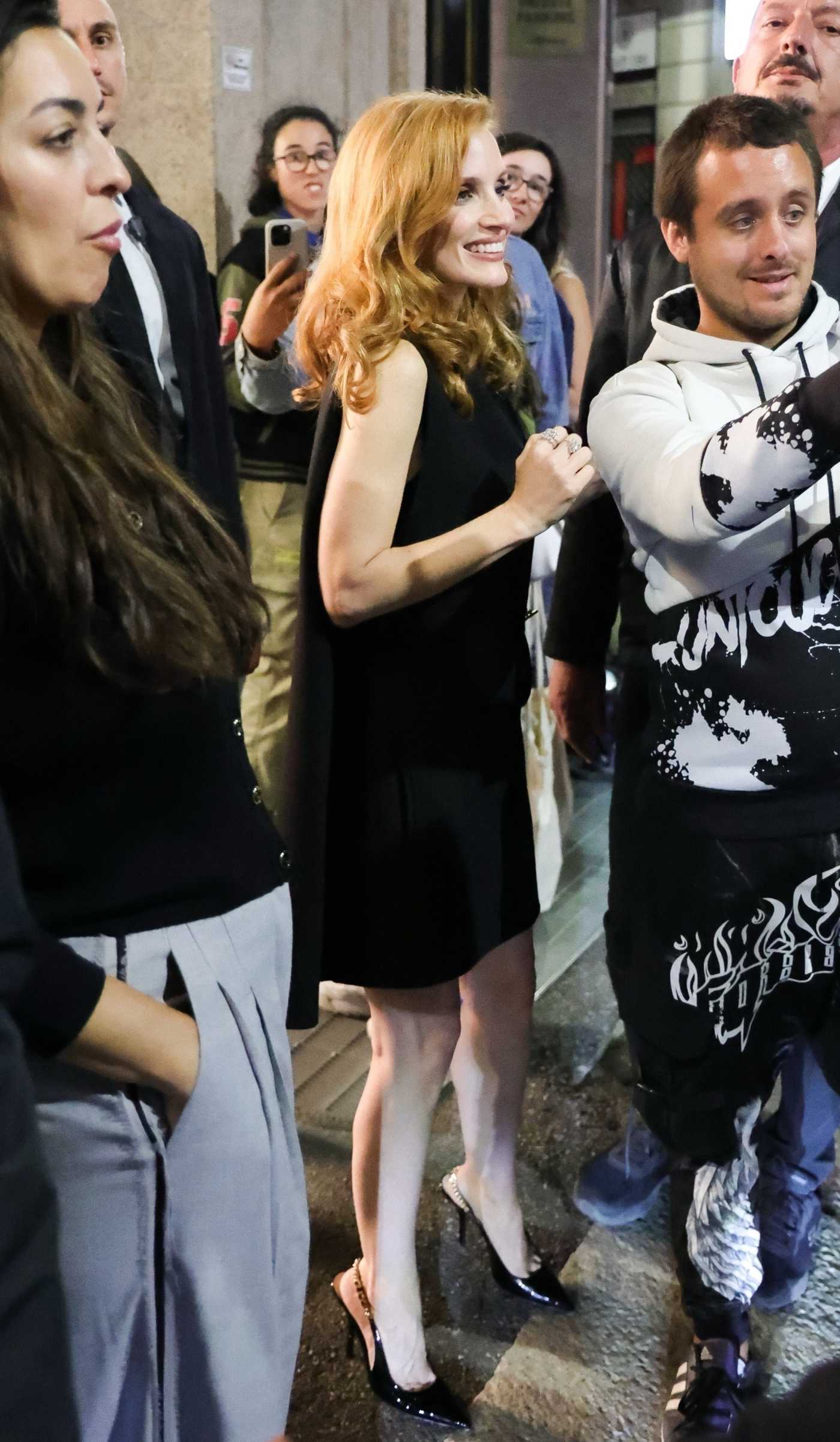 Jessica Chastain in a Black Dress Leaves the Gucci After Party During 2024 Milan Fashion Week in Milan 09/20/2024