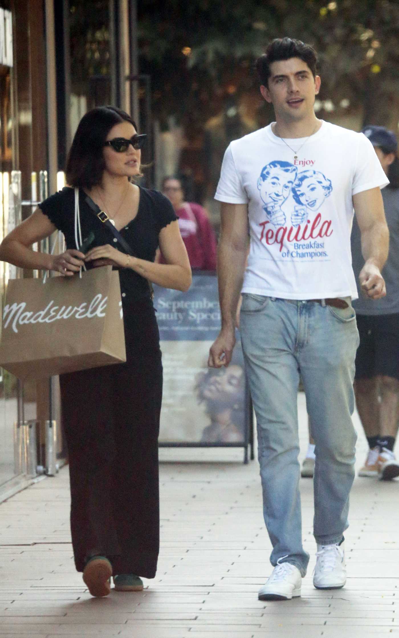 Lucy Hale in a Black Blouse Was Seen Out with Carter Jenkins in Los Angeles 09/21/2024