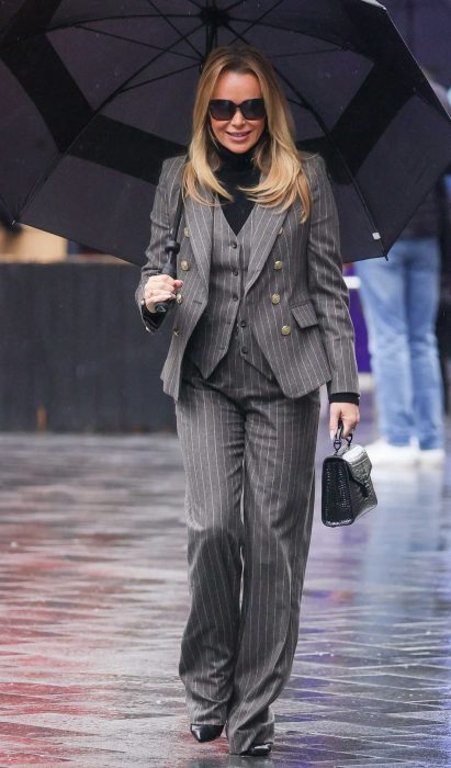 Amanda Holden in a Grey Pin Striped Trouser Suit