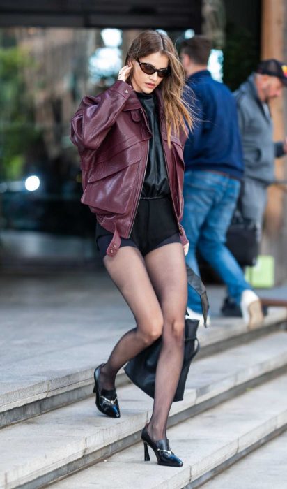 Barbara Palvin in a Burgundy Leather Jacket