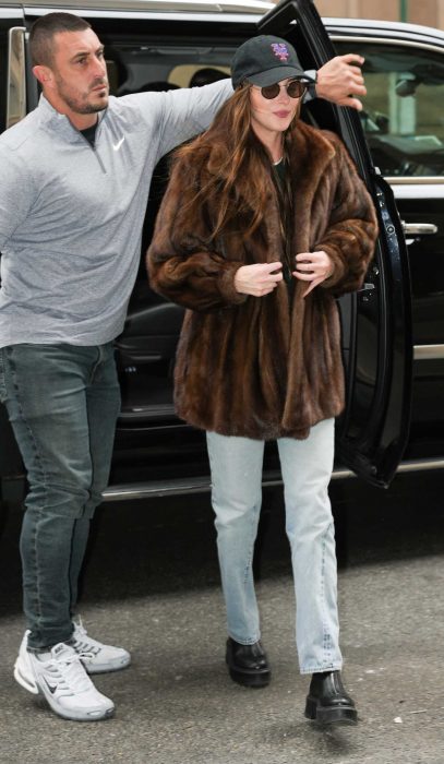 Dakota Johnson in a Brown Fur Coat