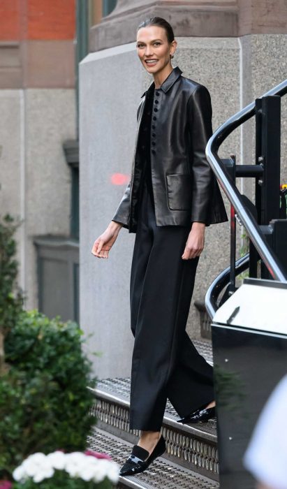 Karlie Kloss in a Black Leather Blazer