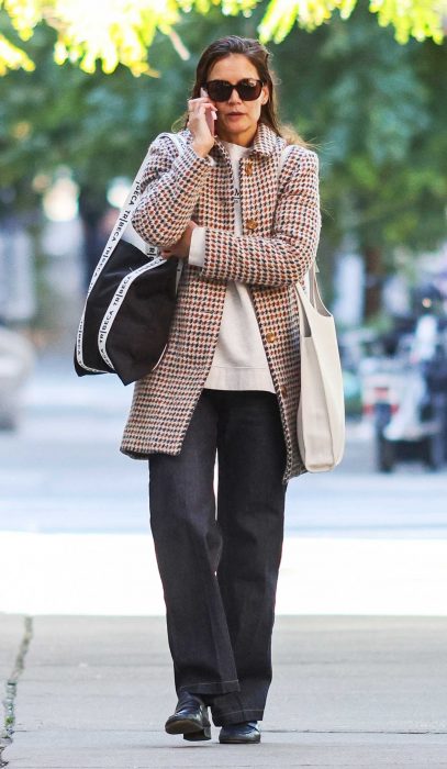 Katie Holmes in a Houndstooth Patterned Coat