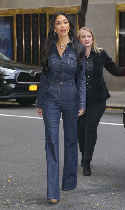 Nicole Scherzinger in a Navy Denim Pantsuit