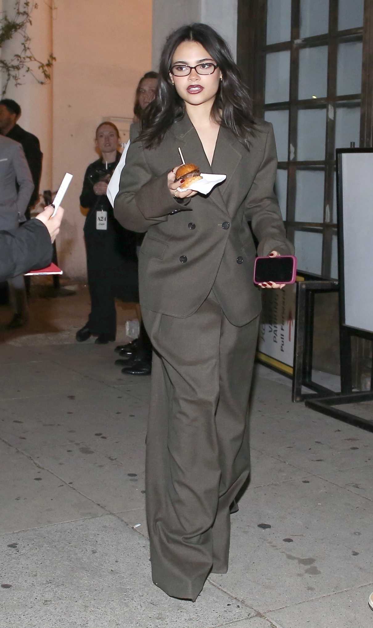 Ariana Greenblatt in a Brown Pantsuit Leaves Horses Restaurant in Los Angeles 11/13/2024