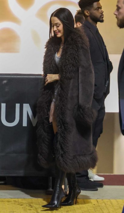 Katy Perry in a Brown Sheepskin Coat