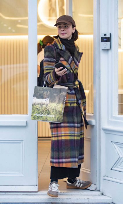 Lily Collins in a Plaid Coat