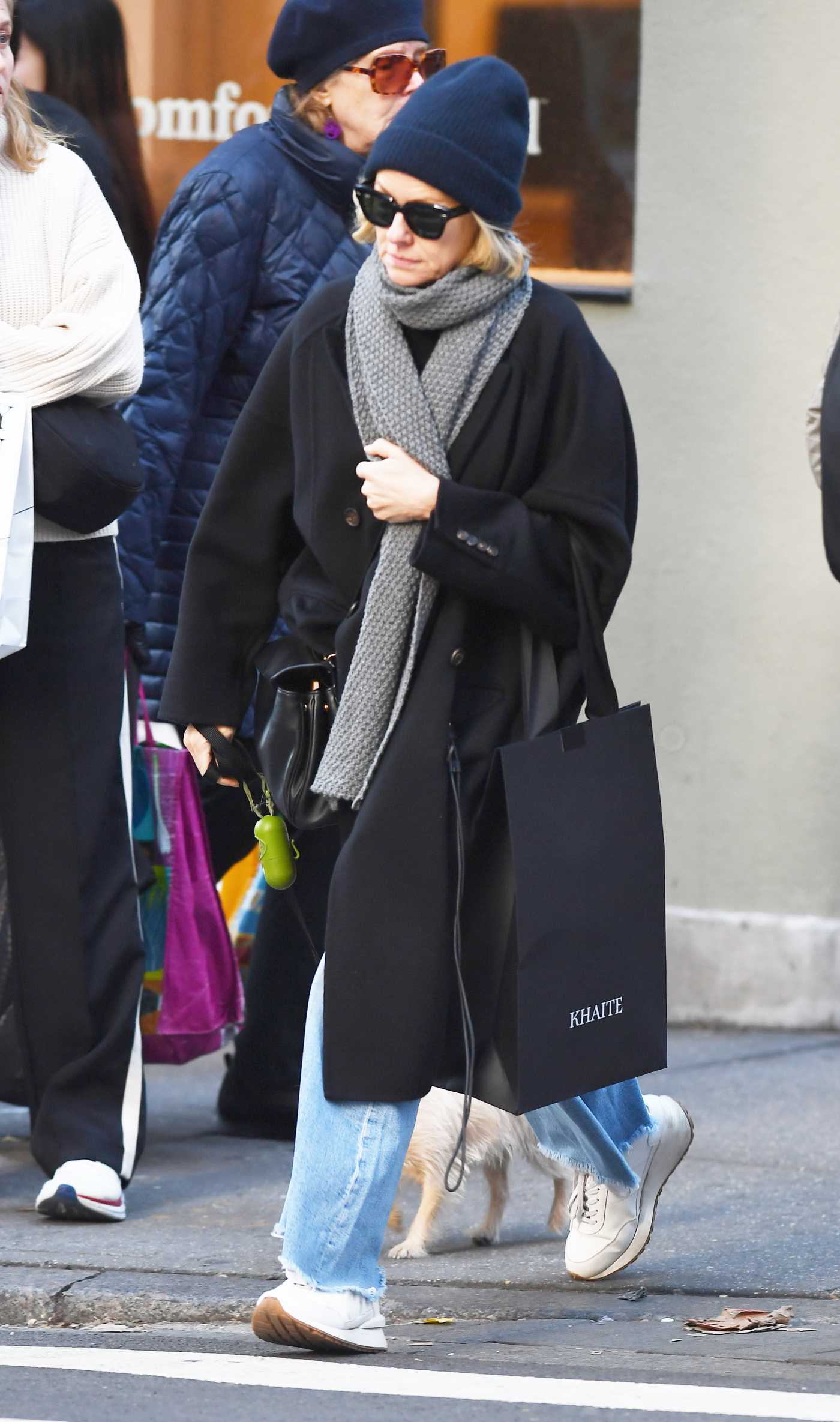 Naomi Watts in a Black Coat Walks Her Dog in New York City 11/29/2024