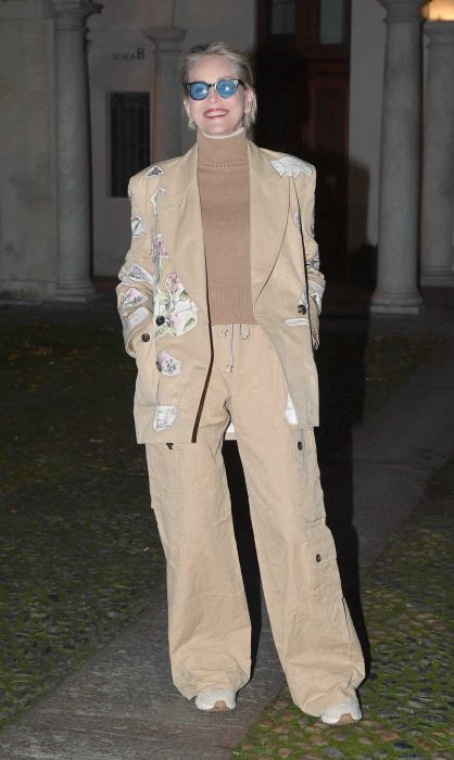 Sharon Stone in a Beige Pantsuit