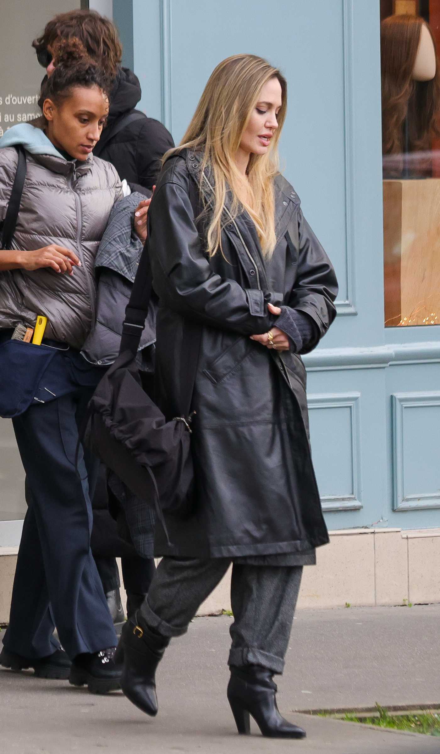 Angelina Jolie in a Black Leather Coat Filming of Her Next Film in Paris 12/07/2024