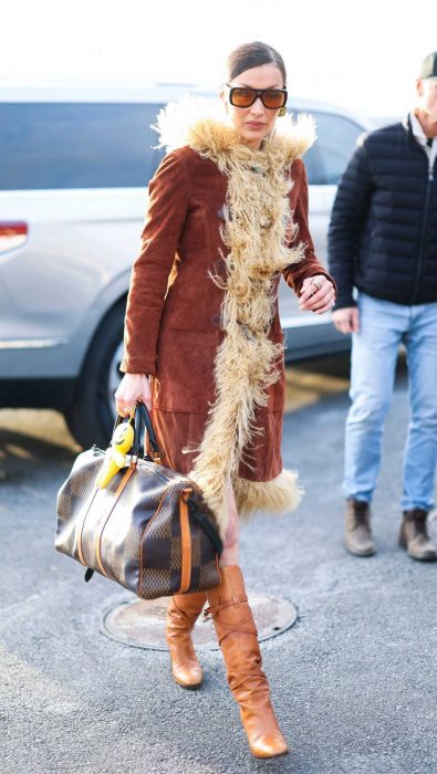 Bella Hadid in a Tan Coat