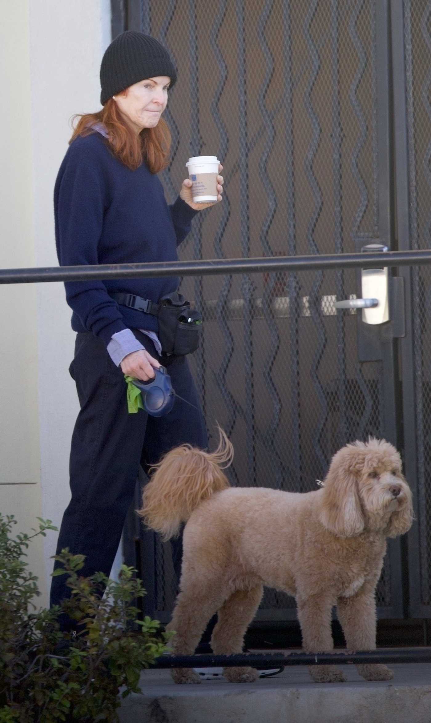 Marcia Cross in a Black Beanie Hat Walks Her Dog in Santa Barbara 01/16/2025