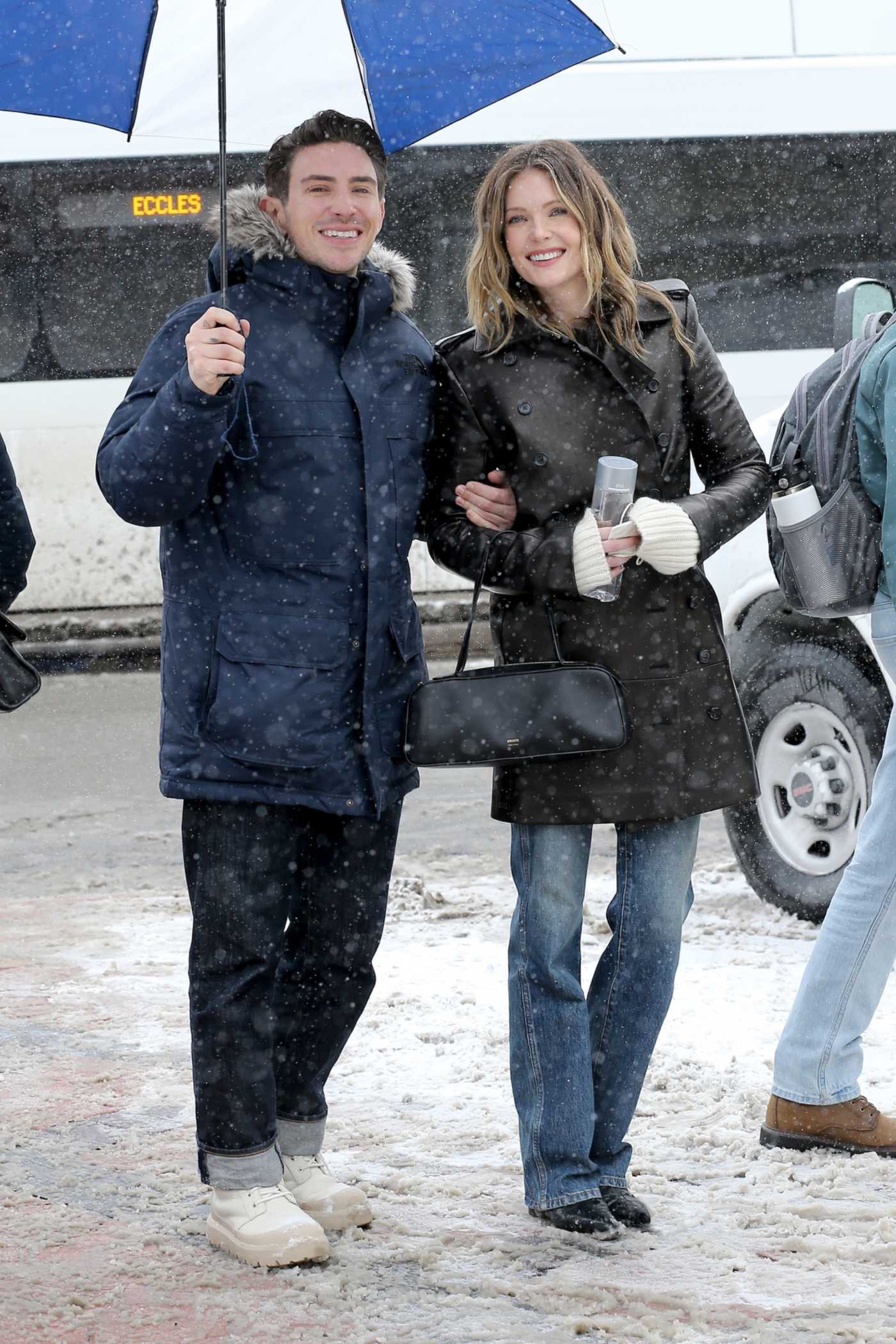 Meghann Fahy in a Black Leather Coat Was Seen Out with Stephen Simbari During 2025 Sundance Film Festival in Park City 01/25/2025