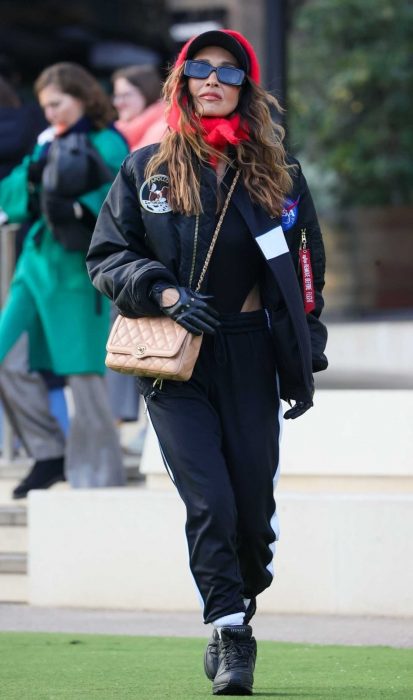 Myleene Klass in a Black Bomber Jacket