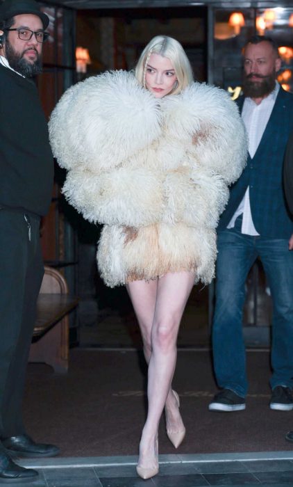 Anya Taylor-Joy in a Beige Faux Fur Coat