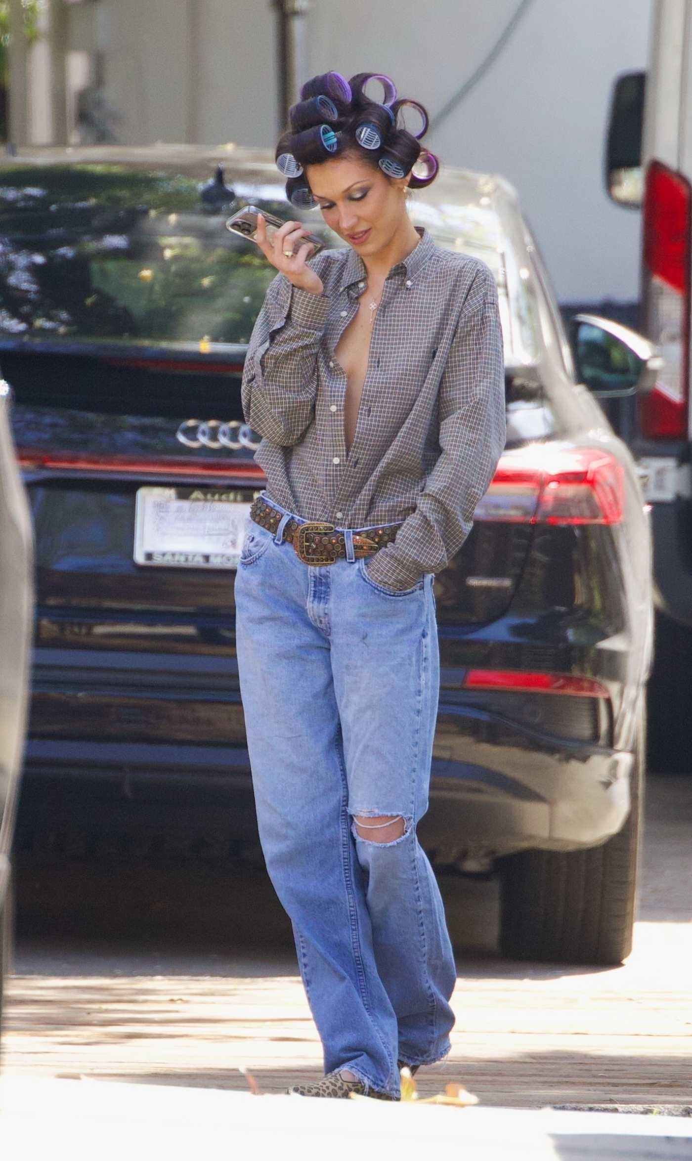 Bella Hadid in a Blue Ripped Jeans on the Set of a Photoshoot in Beverly Hills 02/22/2025