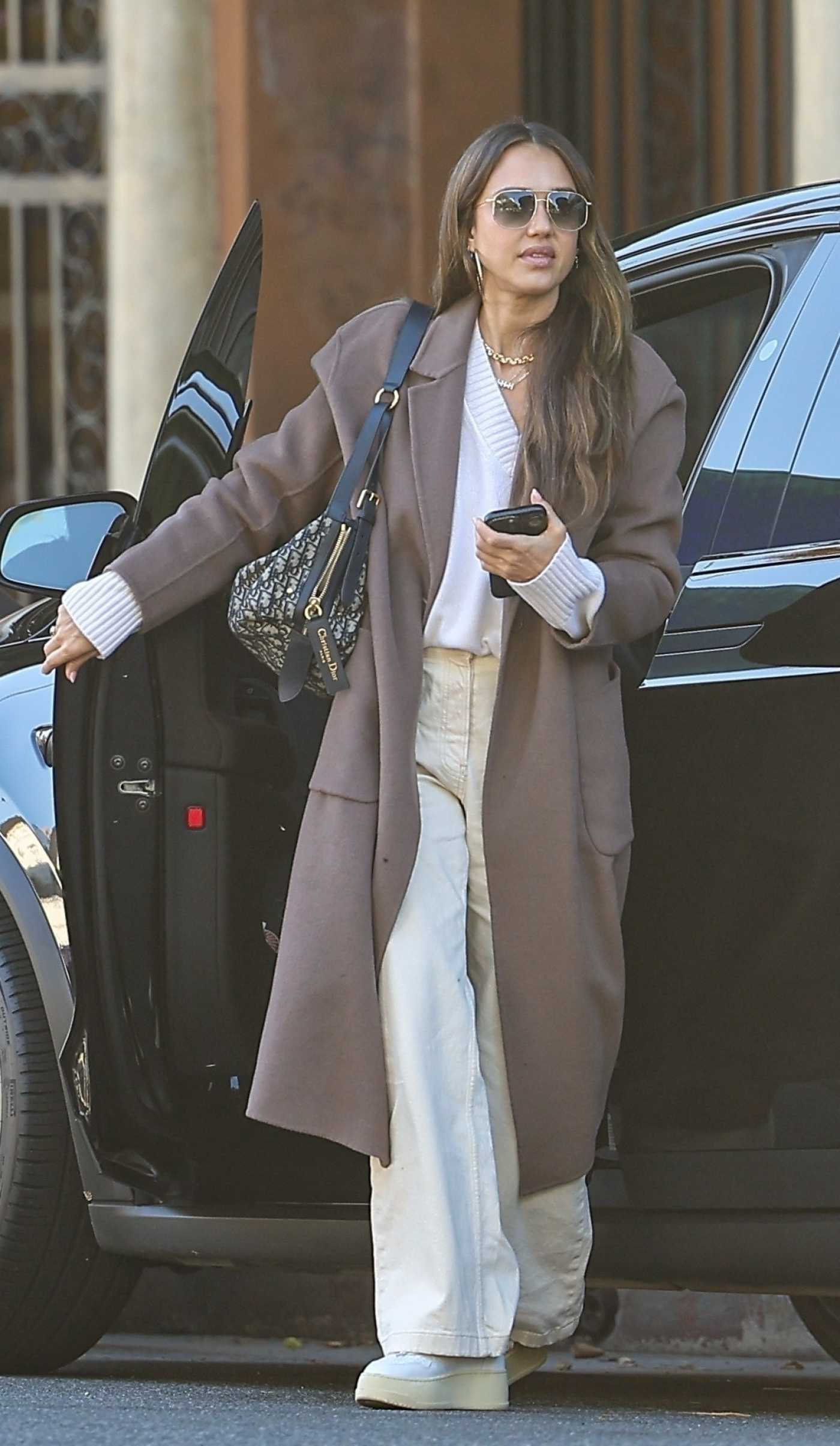 Jessica Alba in a Tan Coat Steps Out for Lunch with Her Daughter in Westwood 02/10/2025