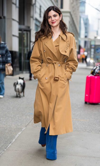 Monica Barbaro in a Caramel Coloured Trench Coat