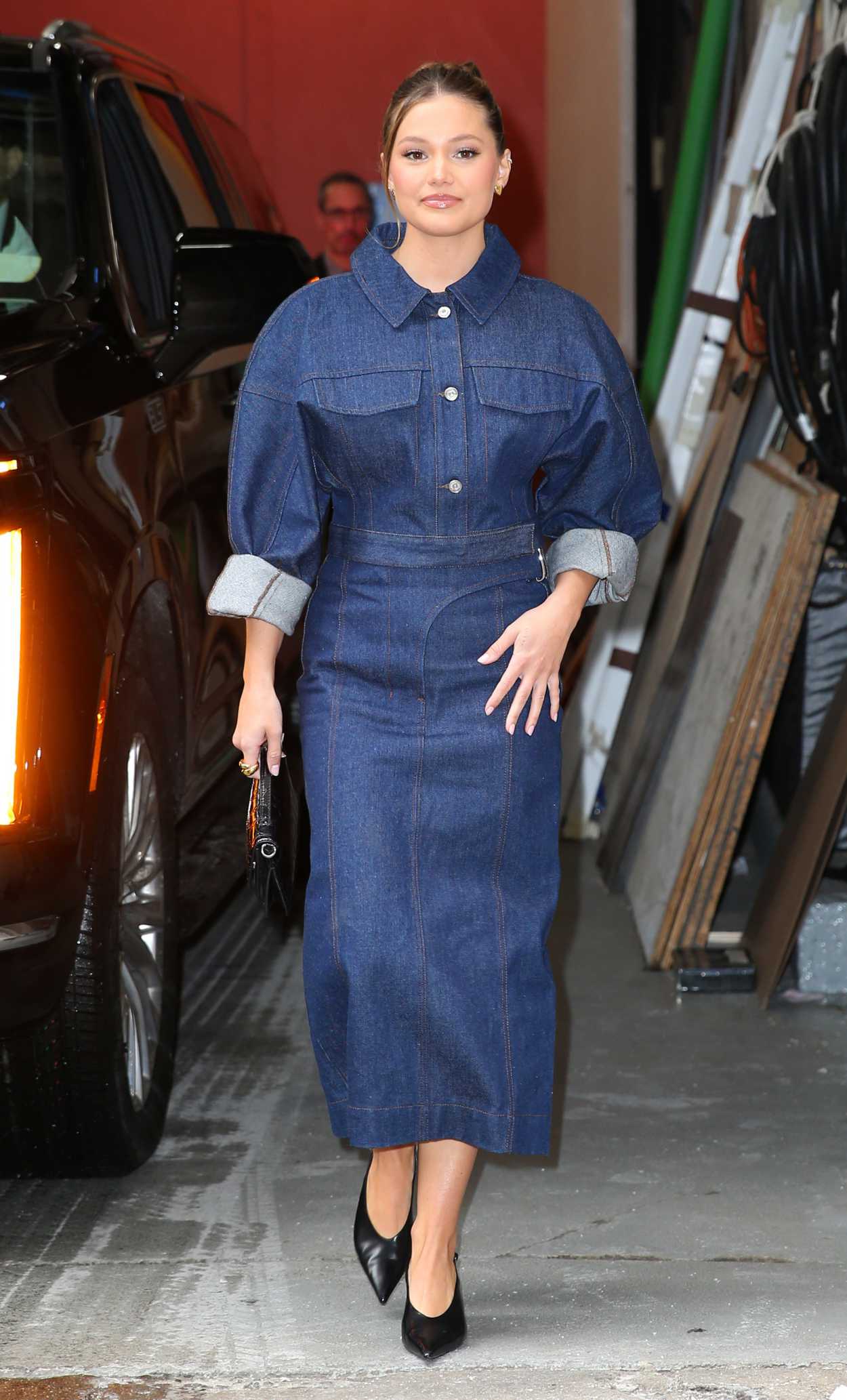 Olivia Holt in a Blue Denim Ensemble Heading to a Taping of Live with Kelly and Mark in New York City 02/03/2025