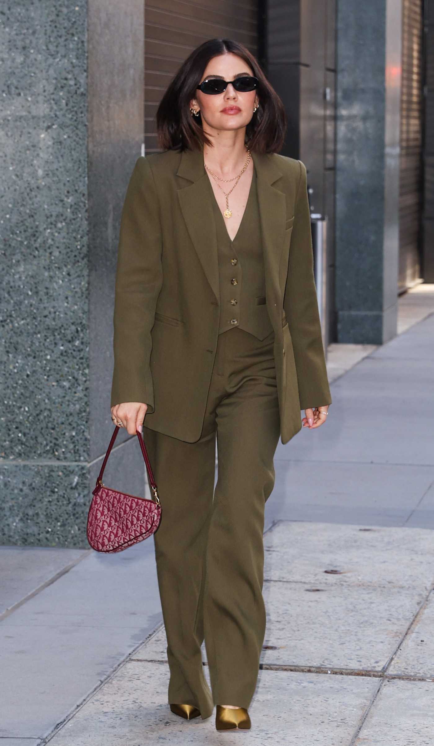 Lucy Hale in an Olive Pantsuit Arrives at the Today Show in New York 03/10/2025