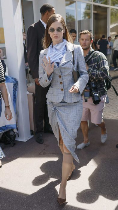 Barbara Palvin in a Grey Plaid Suit