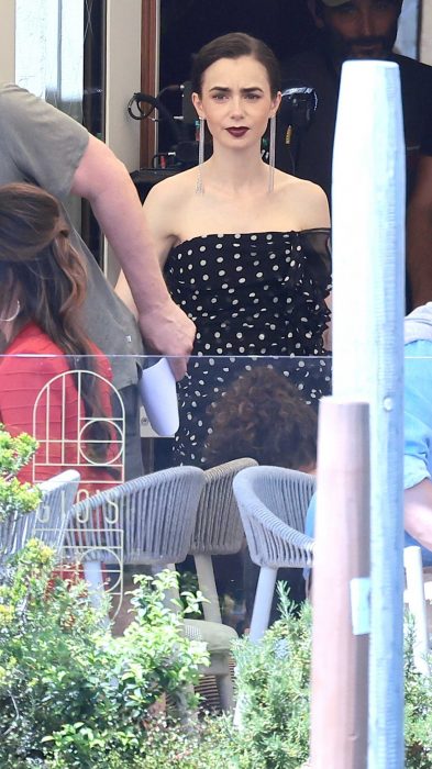 Lily Collins in a Black Polka Dot Dress