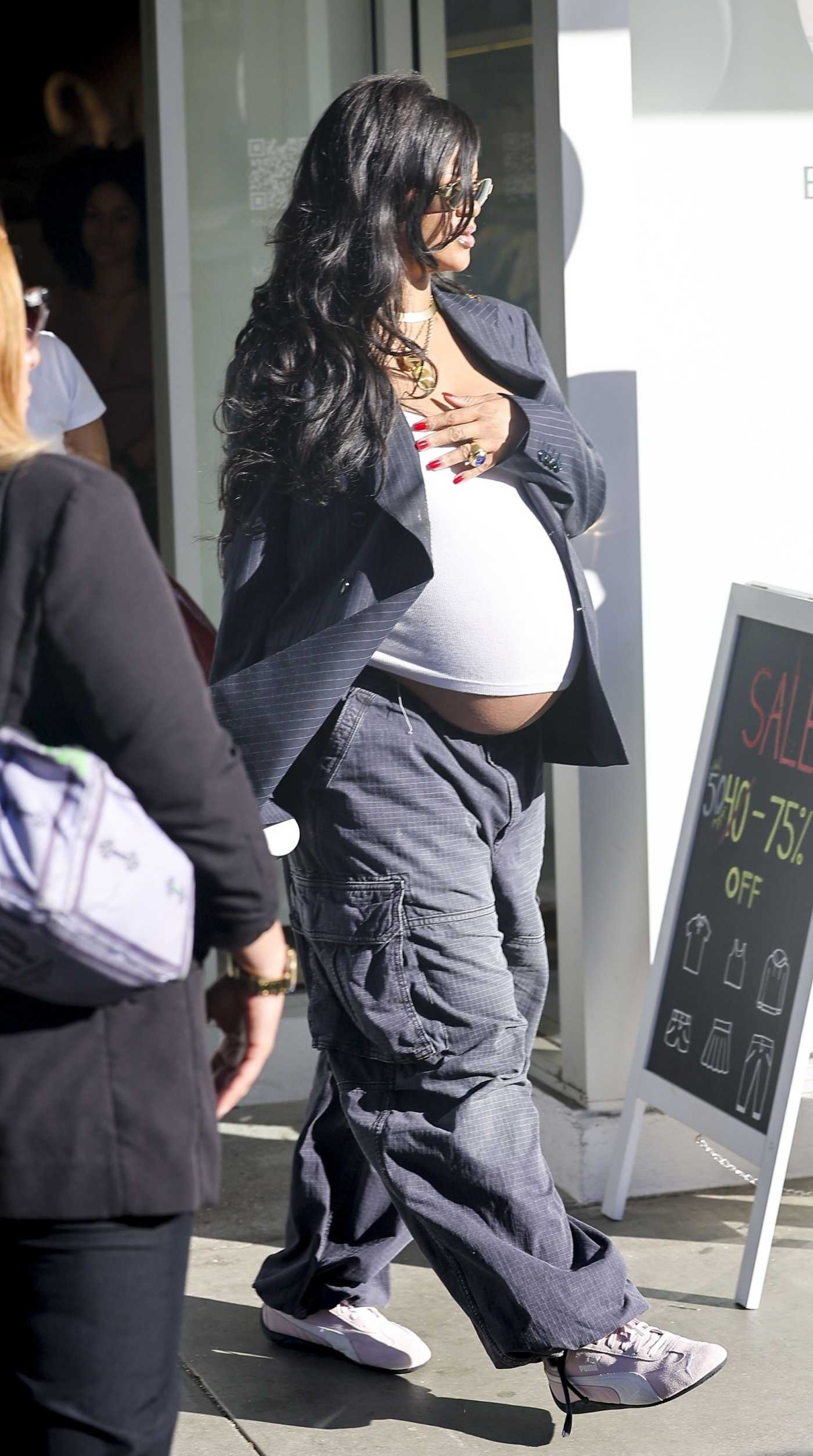 Rihanna in a Grey Pinstriped Blazer Was Seen Out in Beverly Hills 08/07/2025