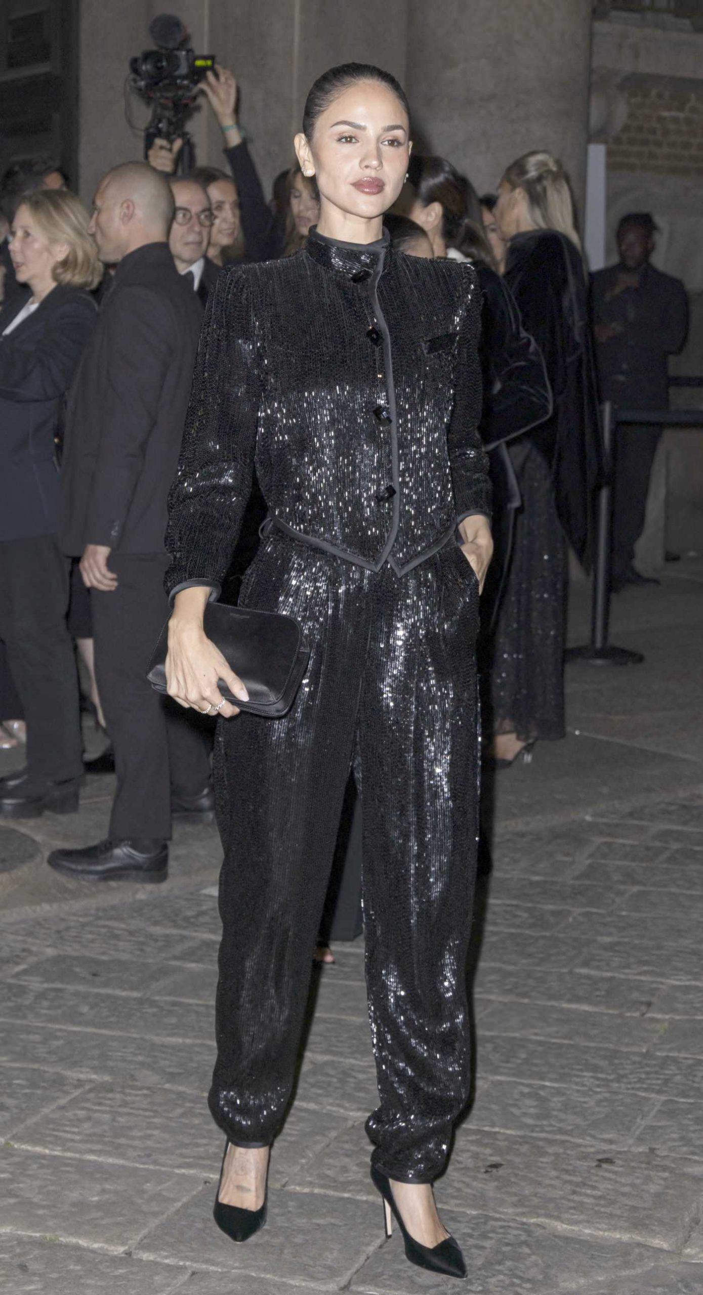 Eiza Gonzalez in a Black Pantsuit Arrives the Giorgio Armani Fashion Show in Milan 09/28/2025