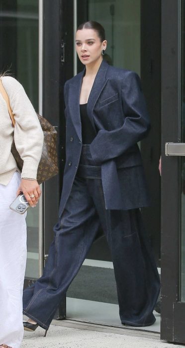 Hailee Steinfeld in a Navy Blue Denim Pantsuit