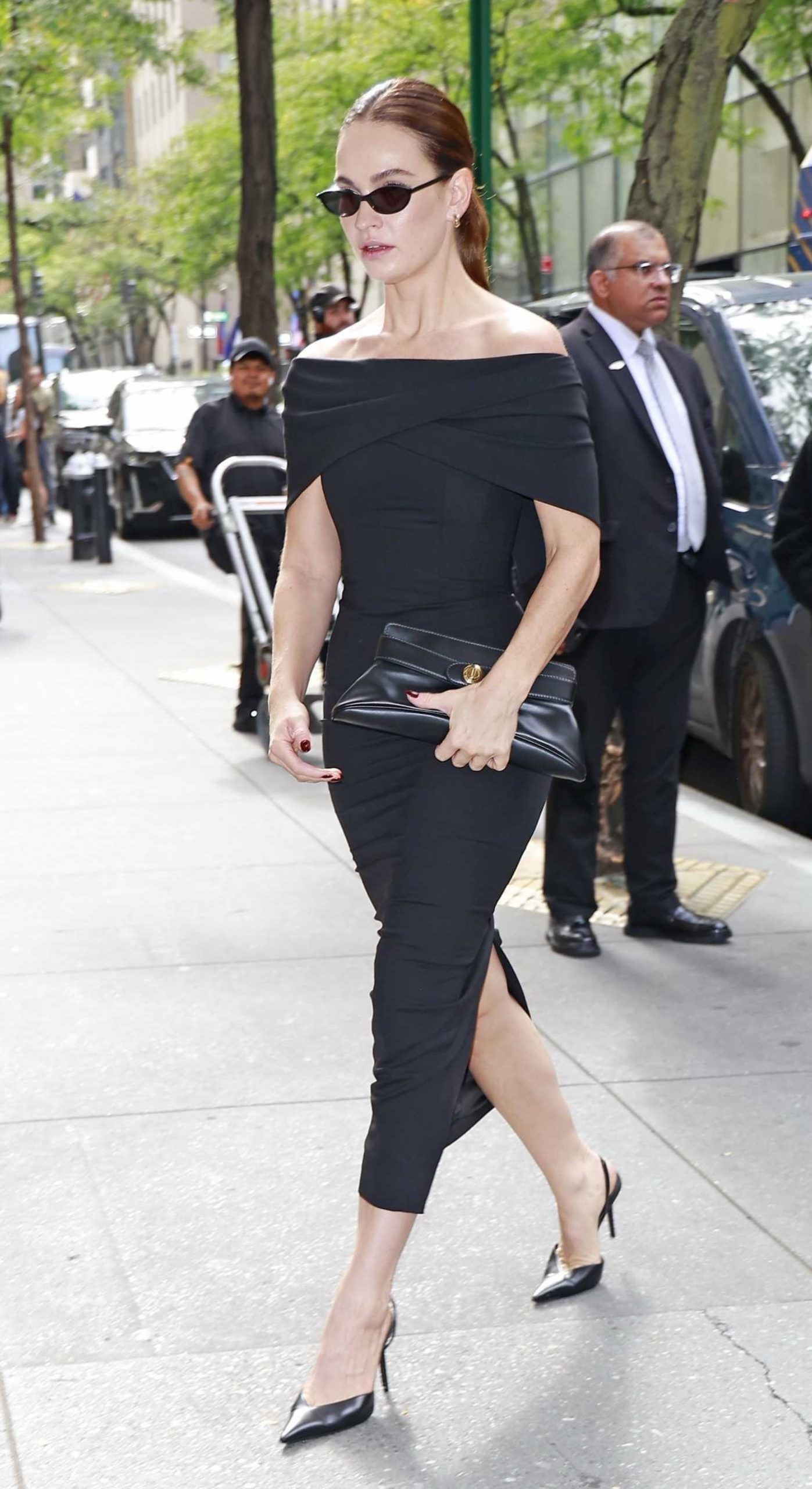 Lily James in a Black Dress Arrives at NBC Studios in New York City 09/17/2025