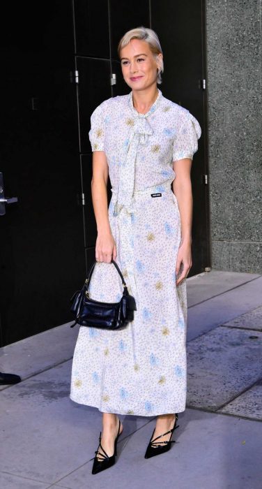 Brie Larson in a White Floral Dress