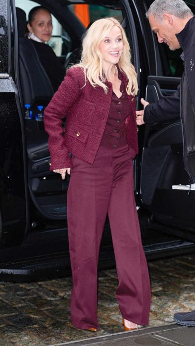 Reese Witherspoon in a Burgundy Pantsuit