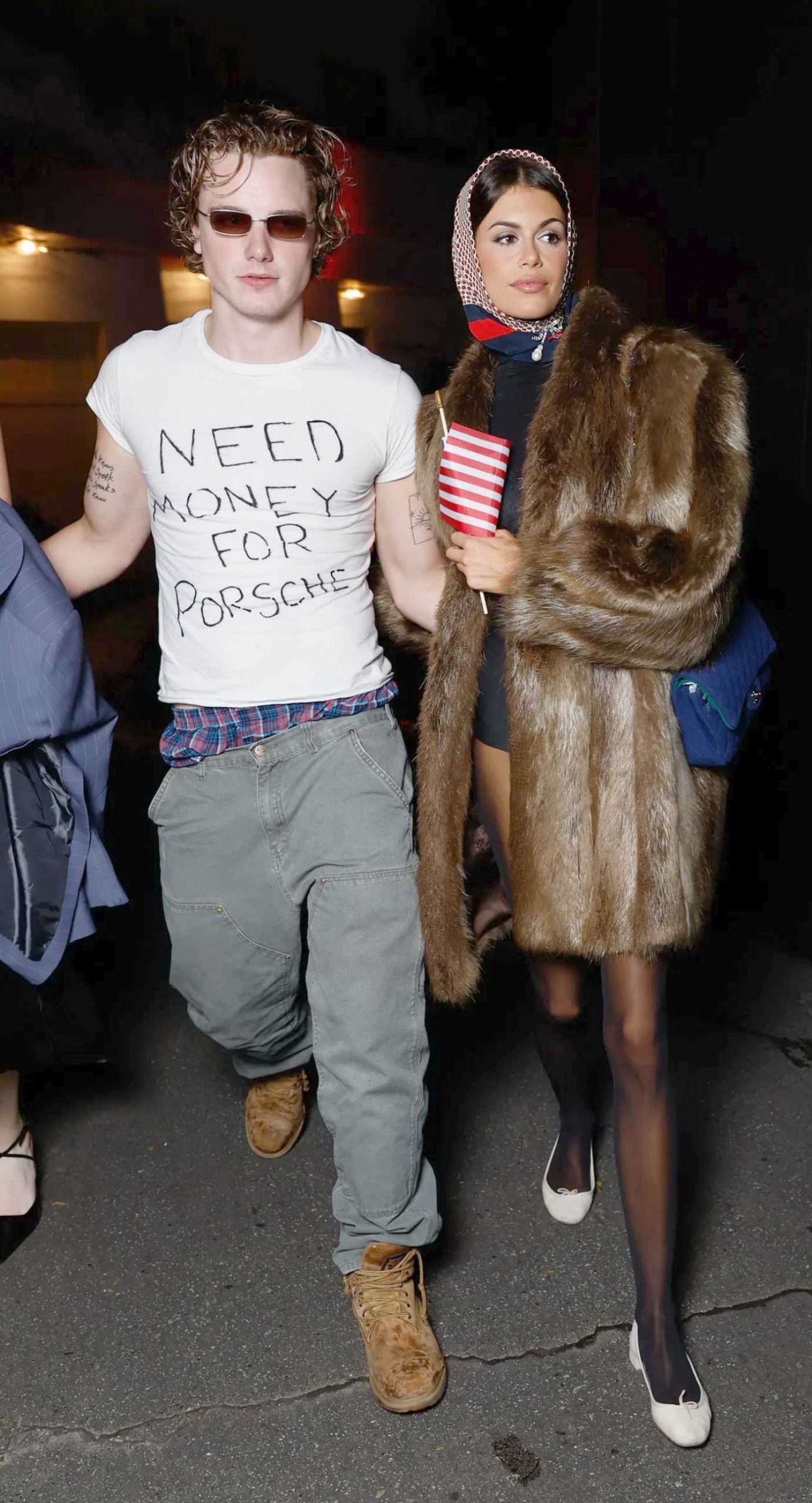 Kaia Gerber in a Tan Fur Coat Arrives to the Vas J Mrogan and Michael Braun 2025 Annual Halloween Party in Los Angeles 10/31/2025