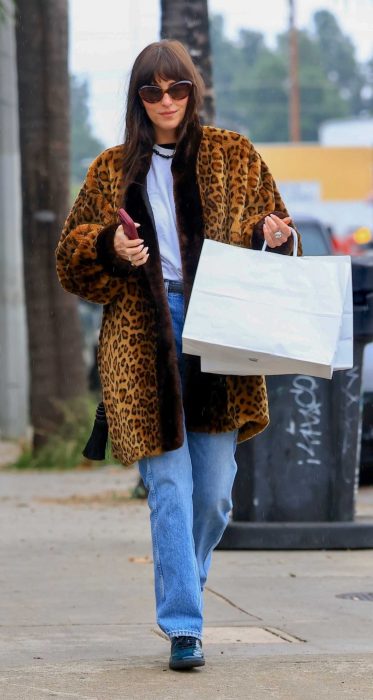 Dakota Johnson in an Animal Print Fur Coat