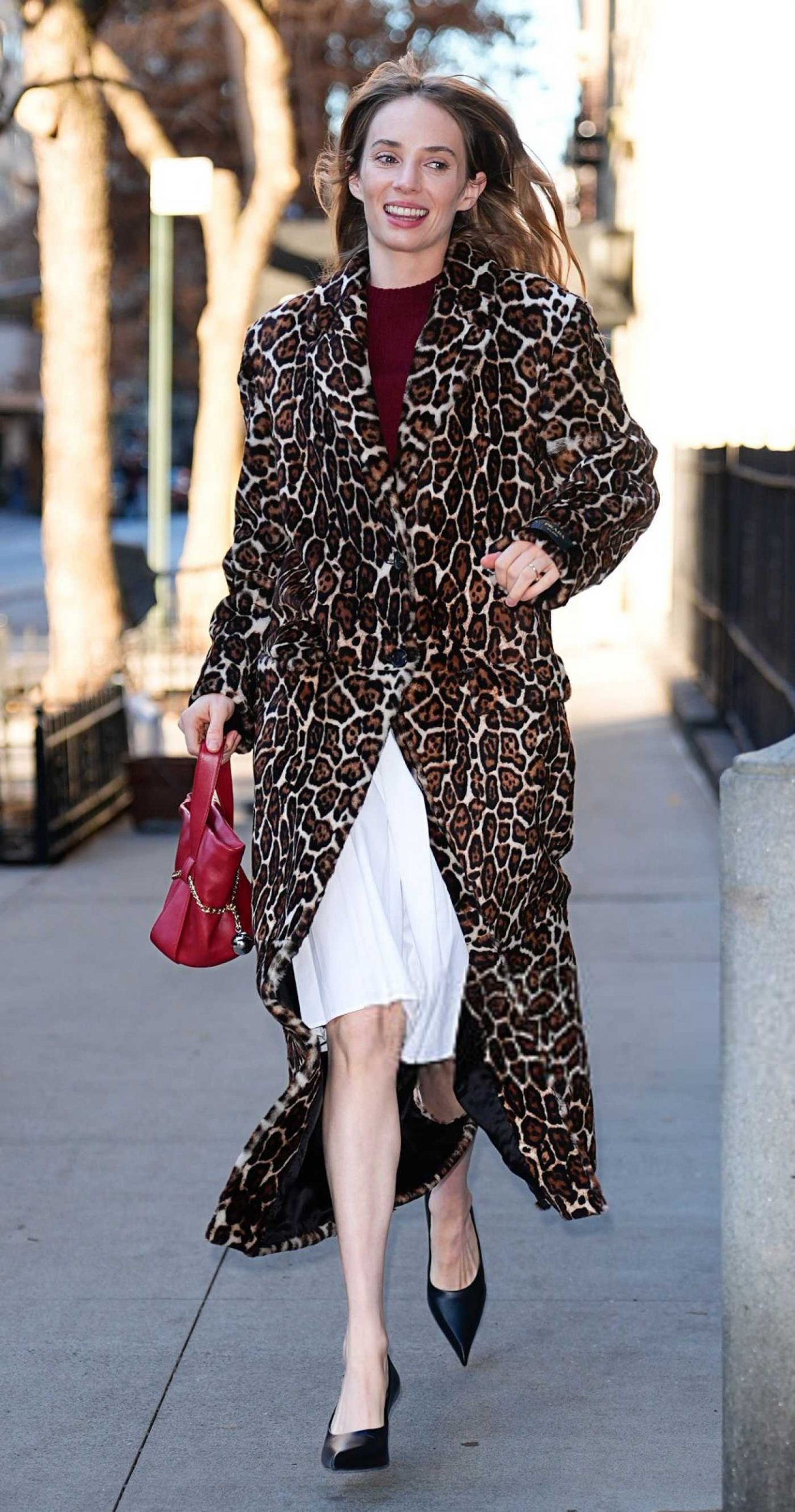 Maya Hawke in an Animal Print Coat Arrives at Good Morning America in New York City 12/18/2025