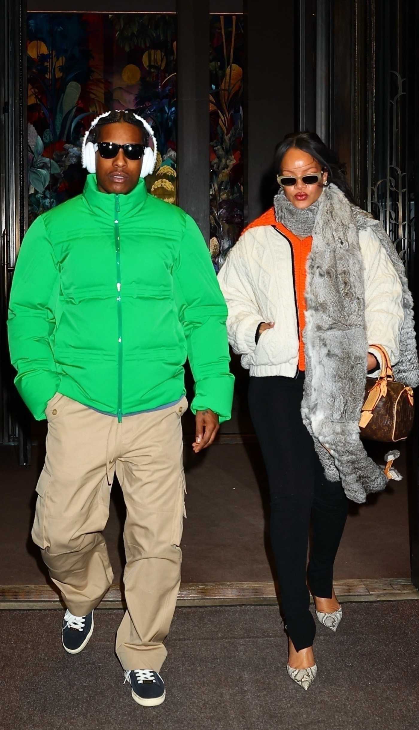 Rihanna in a Beige Knitted Jacket Exits with A$AP Rocky the Four Seasons Hotel in New York 01/20/2026