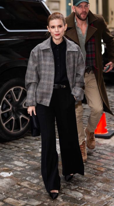 Kate Mara in a Grey Plaid Jacket