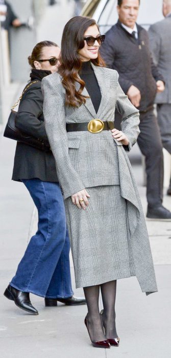 Anne Hathaway in a Grey Ensemble