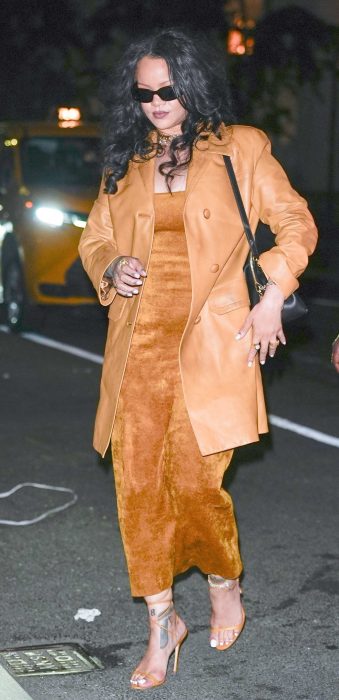 Rihanna in an Orange Leather Coat