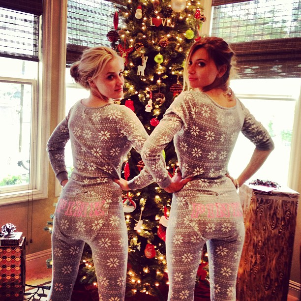Amanda AJ Michalka and Alyson Aly Michalka in their Christmas pajamas