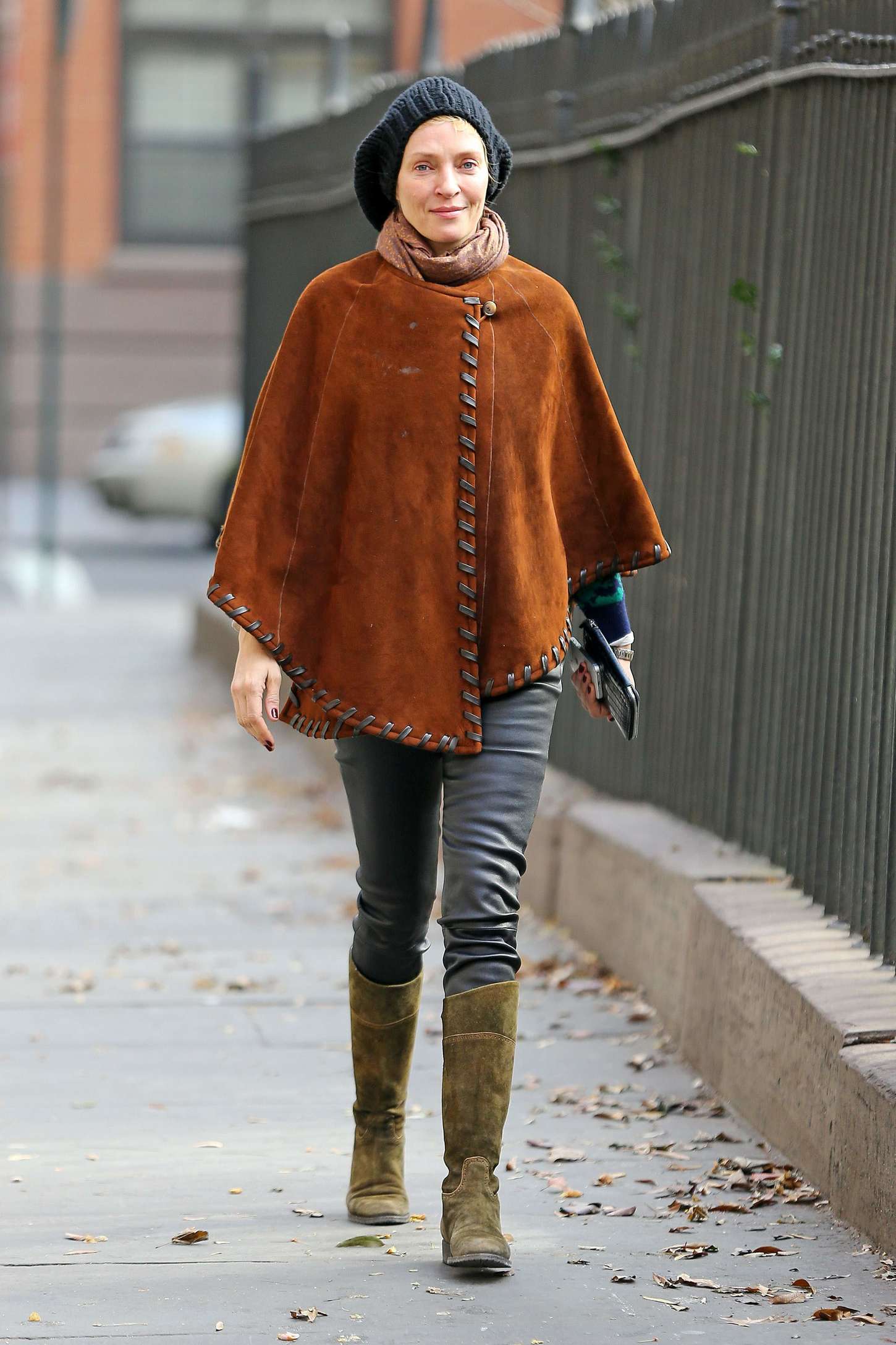 Uma Thurman in Poncho out in New York City
